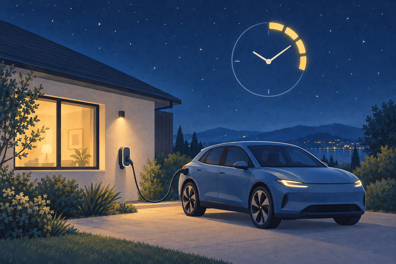 Illustration d’une voiture électrique branchée à une borne murale devant une maison la nuit, avec une horloge stylisée dans le ciel étoilé.