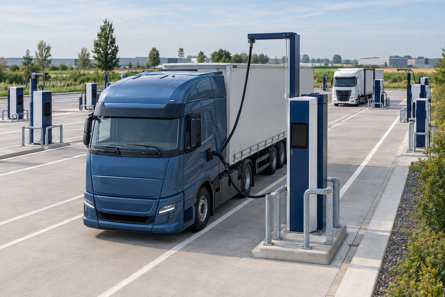 Illustration d’un camion bleu relié à une borne de recharge sur une aire équipée pour les poids lourds, avec un second camion à l’arrière-plan.