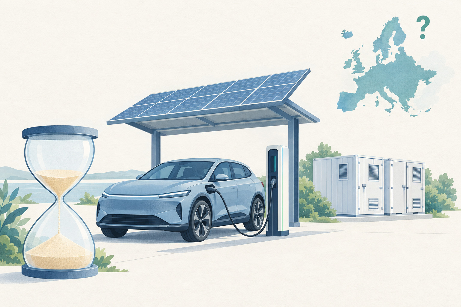 Illustration d’une voiture électrique stylisée branchée à une borne sous un auvent solaire, avec un grand sablier à gauche, des armoires techniques à droite et une carte de l’Europe surmontée d’un point d’interrogation.