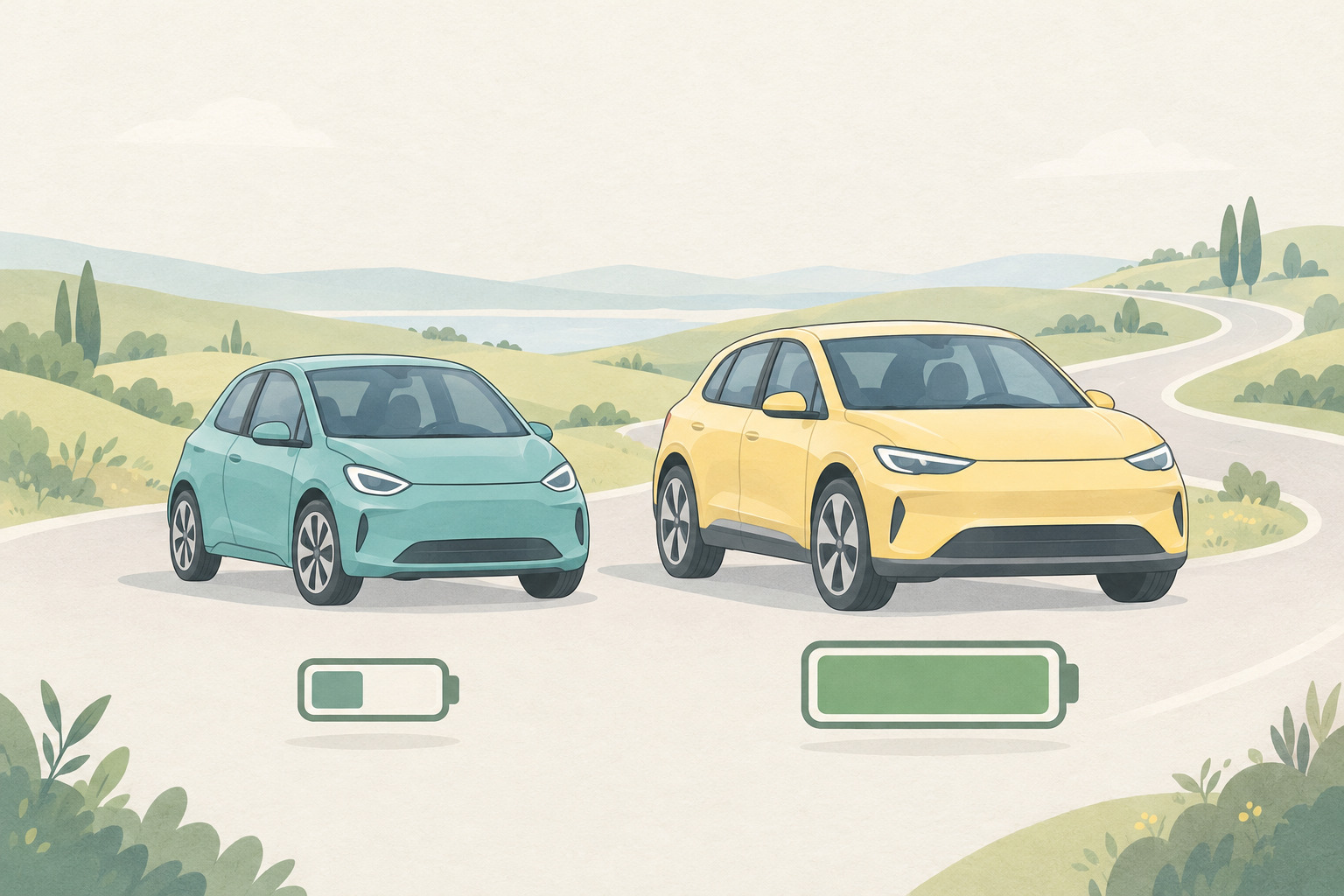 Illustration de deux voitures stylisées, l’une turquoise et l’autre jaune, associées à des symboles de batterie de tailles et de niveaux de charge différents, sur fond de route vallonnée.