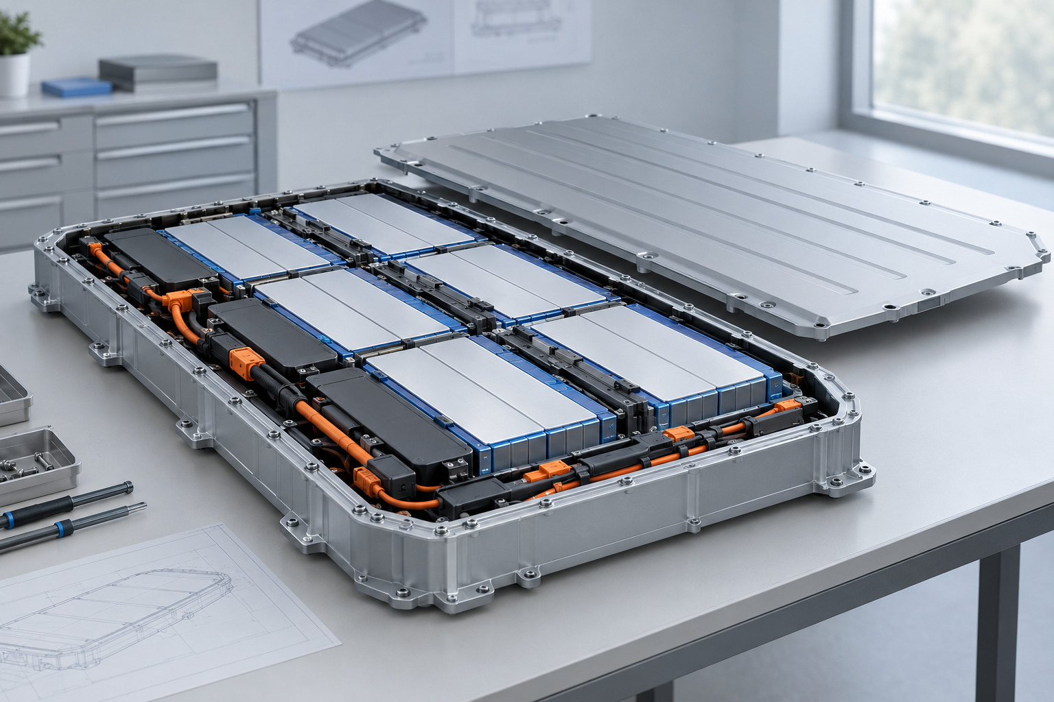 Illustration d’un pack de batterie ouvert sur une table d’atelier, avec ses modules métalliques, ses câbles orange et son couvercle posé à côté.