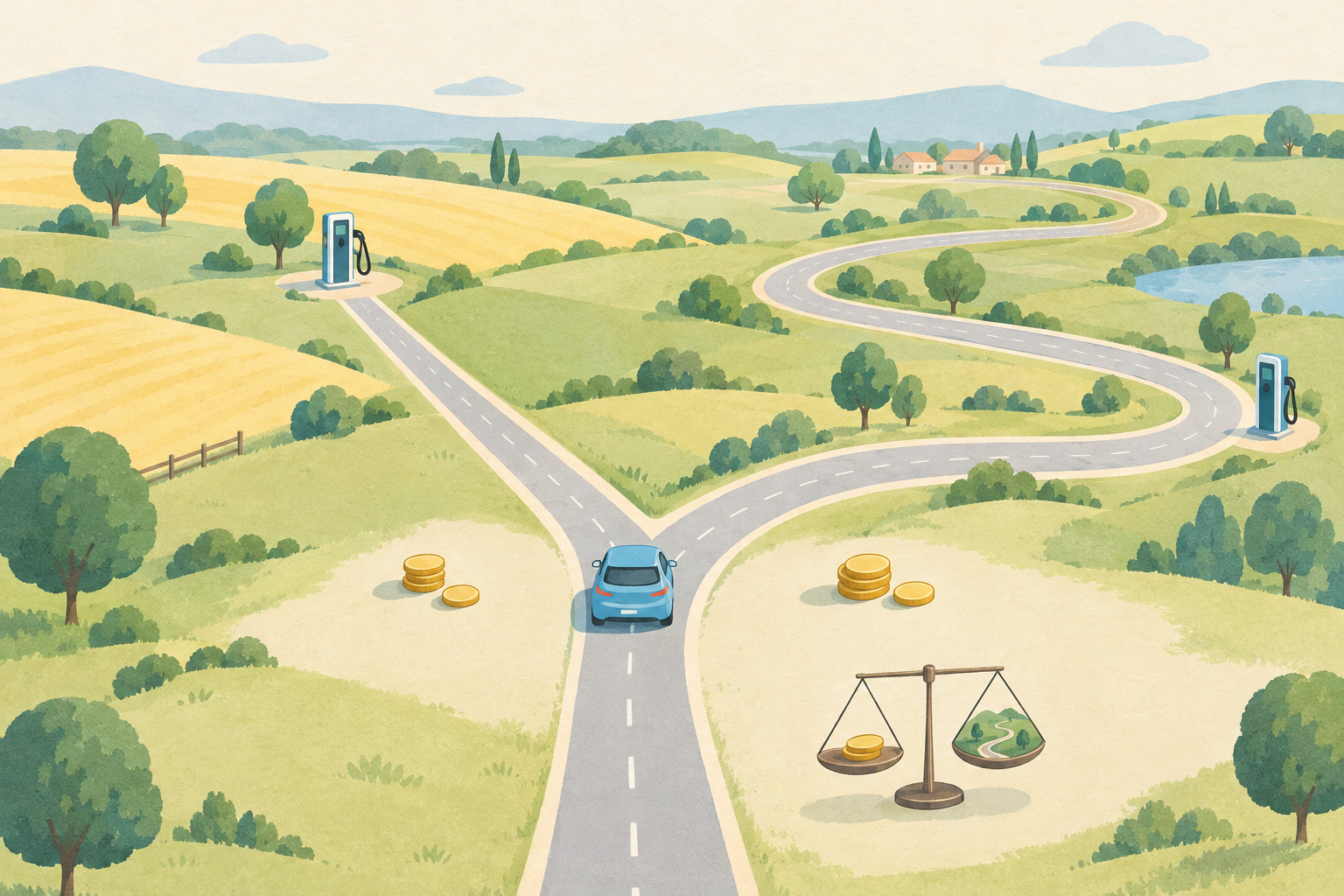 Illustration d’une voiture bleue à une bifurcation entre deux routes menant à des bornes de recharge, l’une directe et l’autre sinueuse, avec des pièces et une balance symbolisant le compromis entre coût et détour.