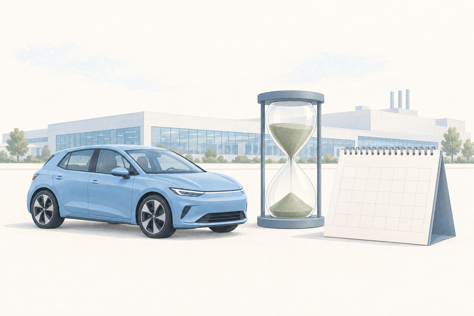 Illustration d’une compacte bleue générique devant une usine, à côté d’un grand sablier et d’un calendrier vierge, évoquant l’attente sans représenter l’ID. Golf réelle.
