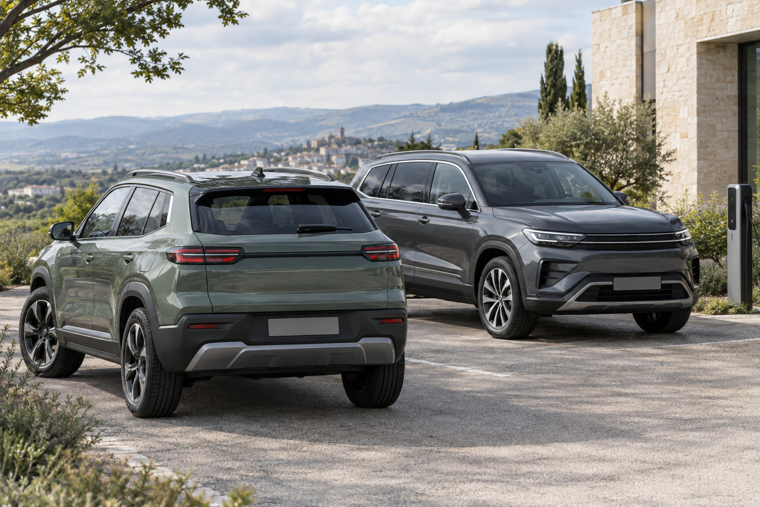 Illustration de deux SUV sans marque identifiable, l’un vert vu de trois-quarts arrière et l’autre gris vu de trois-quarts avant, stationnés près d’une borne de recharge dans un paysage vallonné.